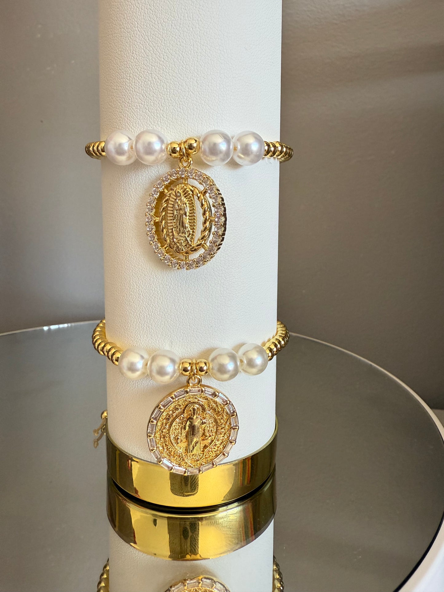 Adjustable Gold-Plated Virgin Guadalupe and San Benito Bracelet protection Jewelry