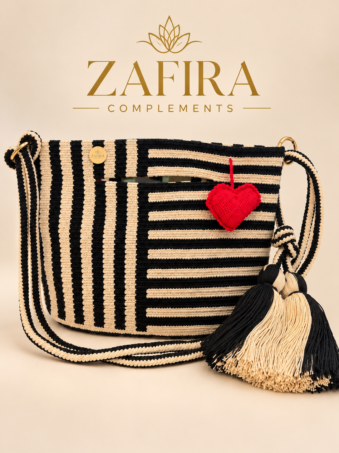 Medium Handmade Crochet Crossbody Bag with 3D Heart Charm Zafira Complements