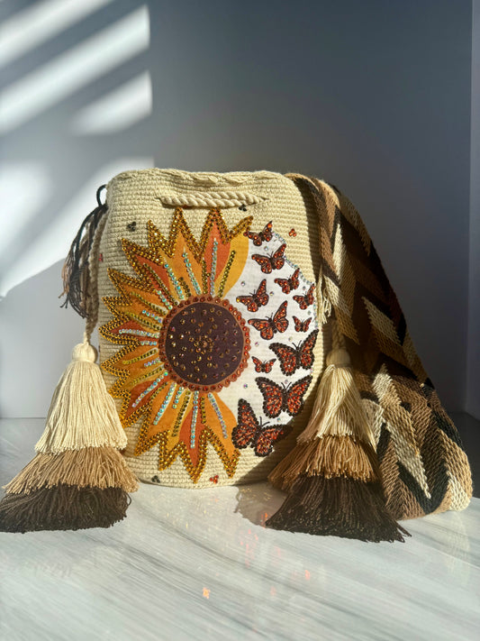 Wayuu bag Monarch butterfly and sunflower decorated L