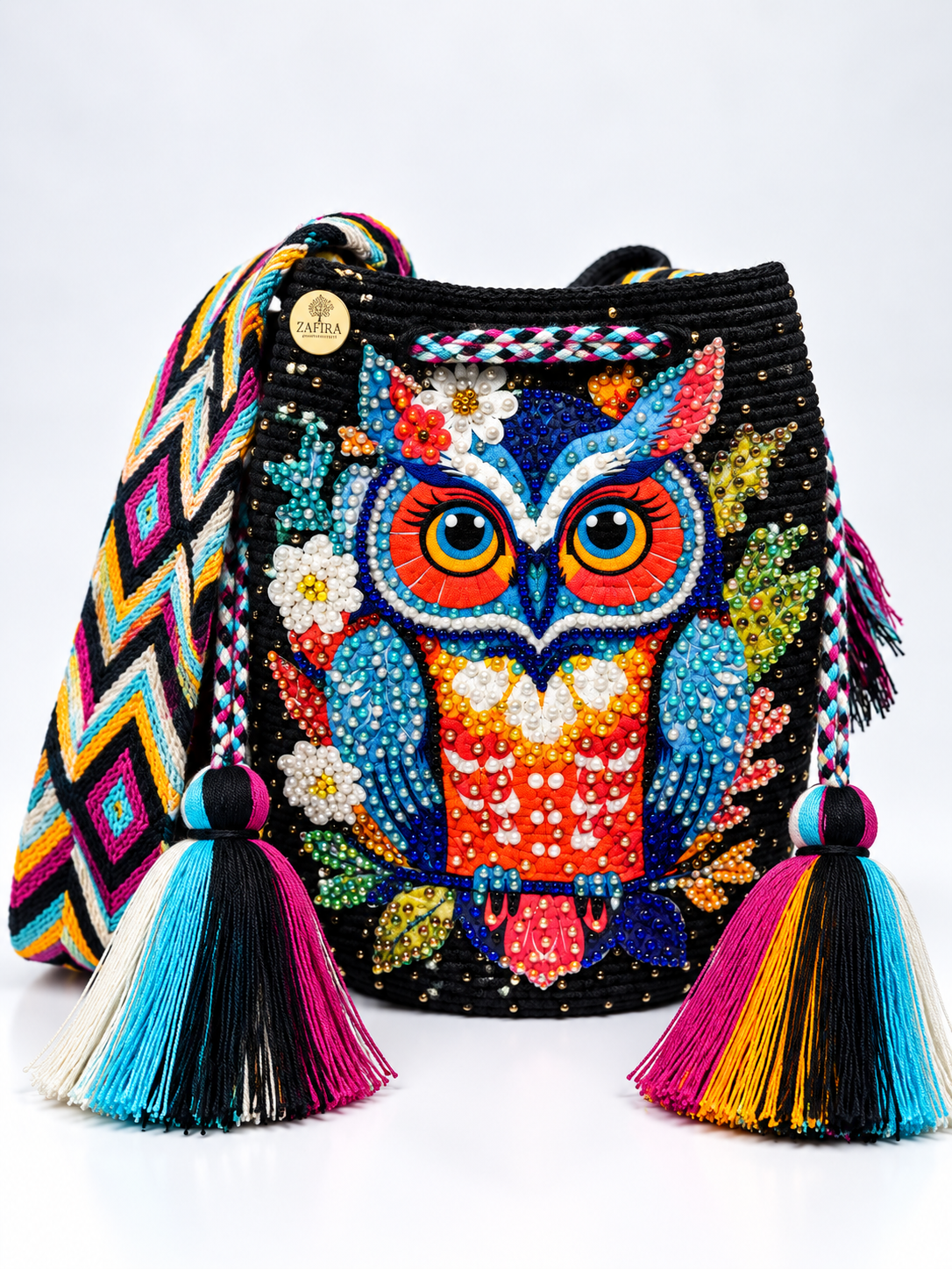Large Handmade Crochet Owl Bag Colorful Wayuu Crossbody Bucket Bag Owl Collection | Zafira Complements