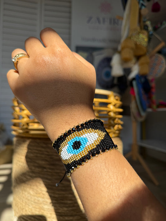 Handmade Crochet Evil Eye Bracelet – Colorful Boho Woven Jewelry