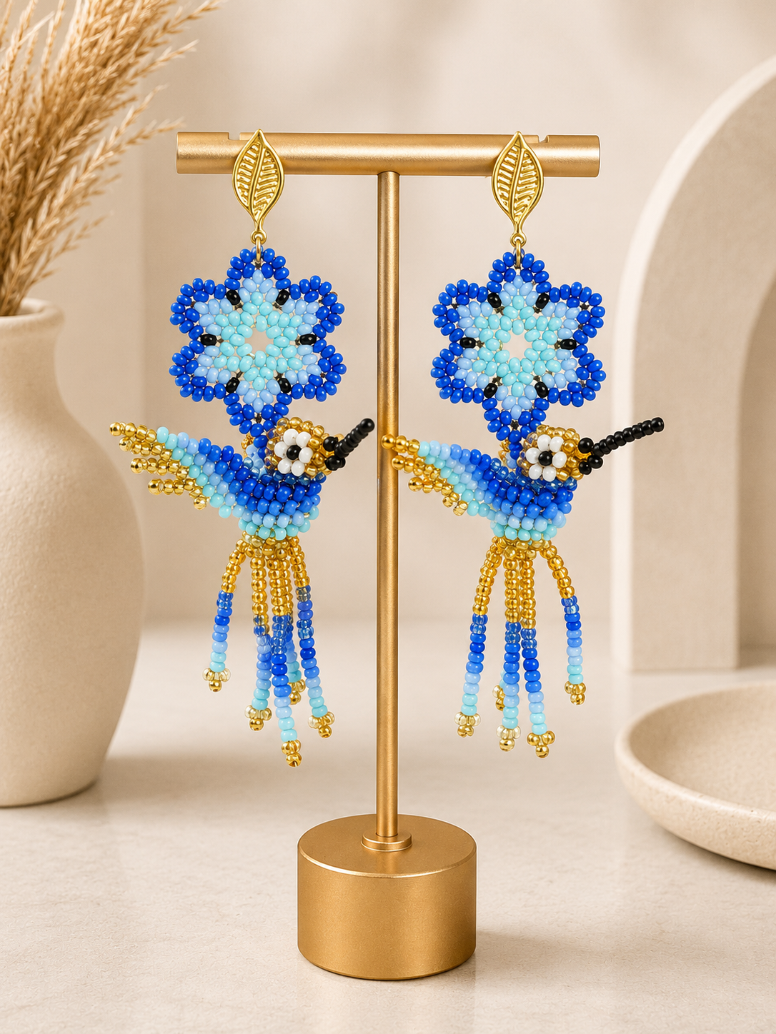 Handmade Hummingbird Beaded Earrings Colorful Artisan Statement Earrings for Women