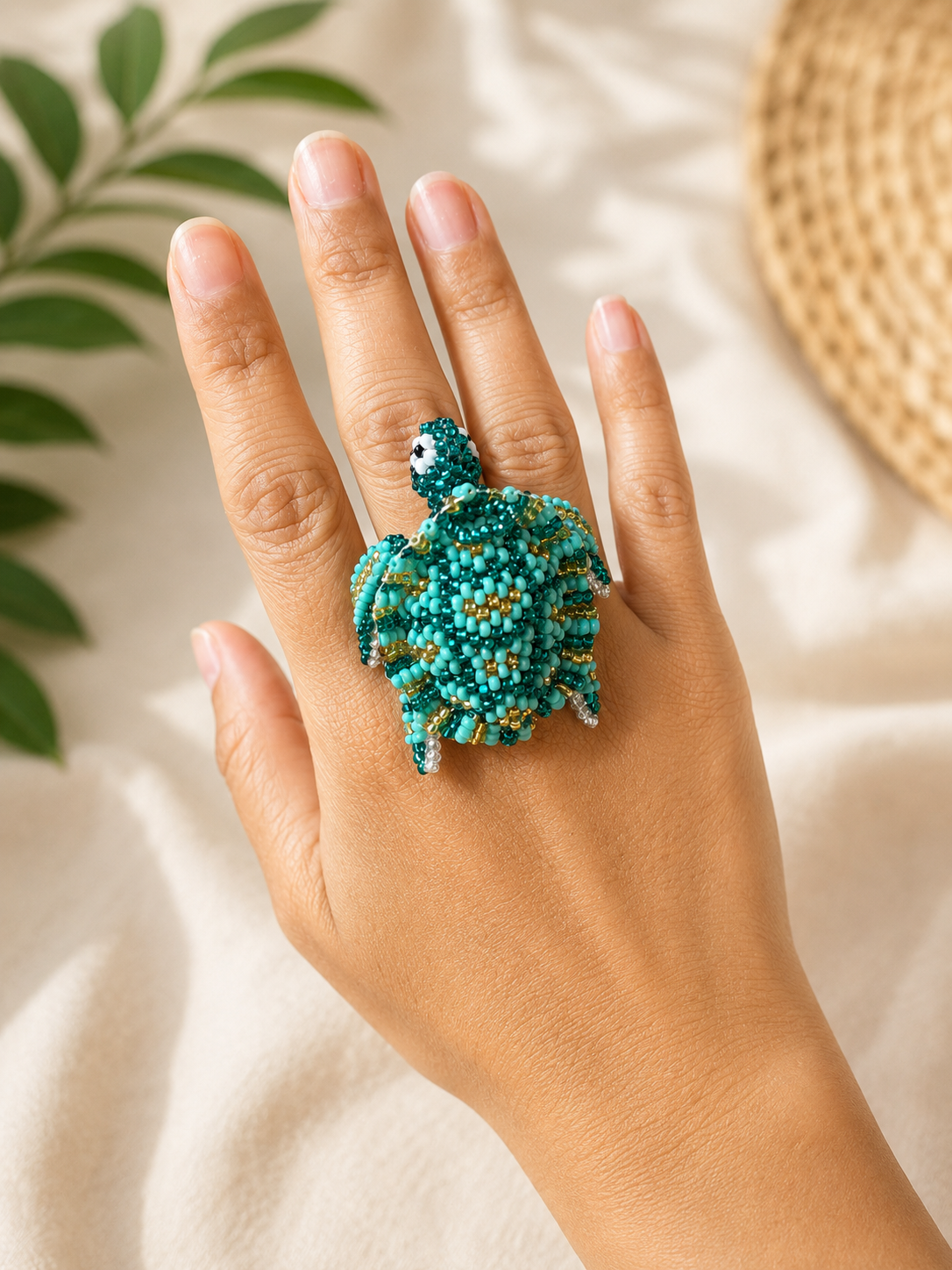 Handmade Beaded Sea Turtle and Butterfly Ring | Adjustable Statement Seed Bead Ring | Ocean Animal Jewelry Gift