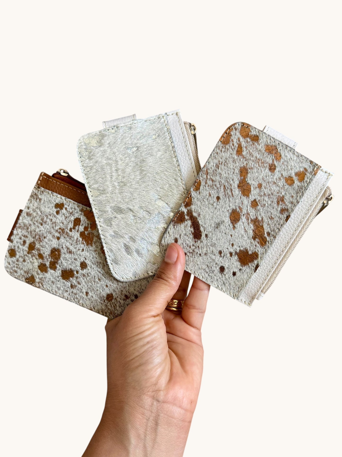 Genuine Cowhide Leather Card Holder Wallet with Zipper Hair-On Multiple Card Slots 4.5” x 3.5”