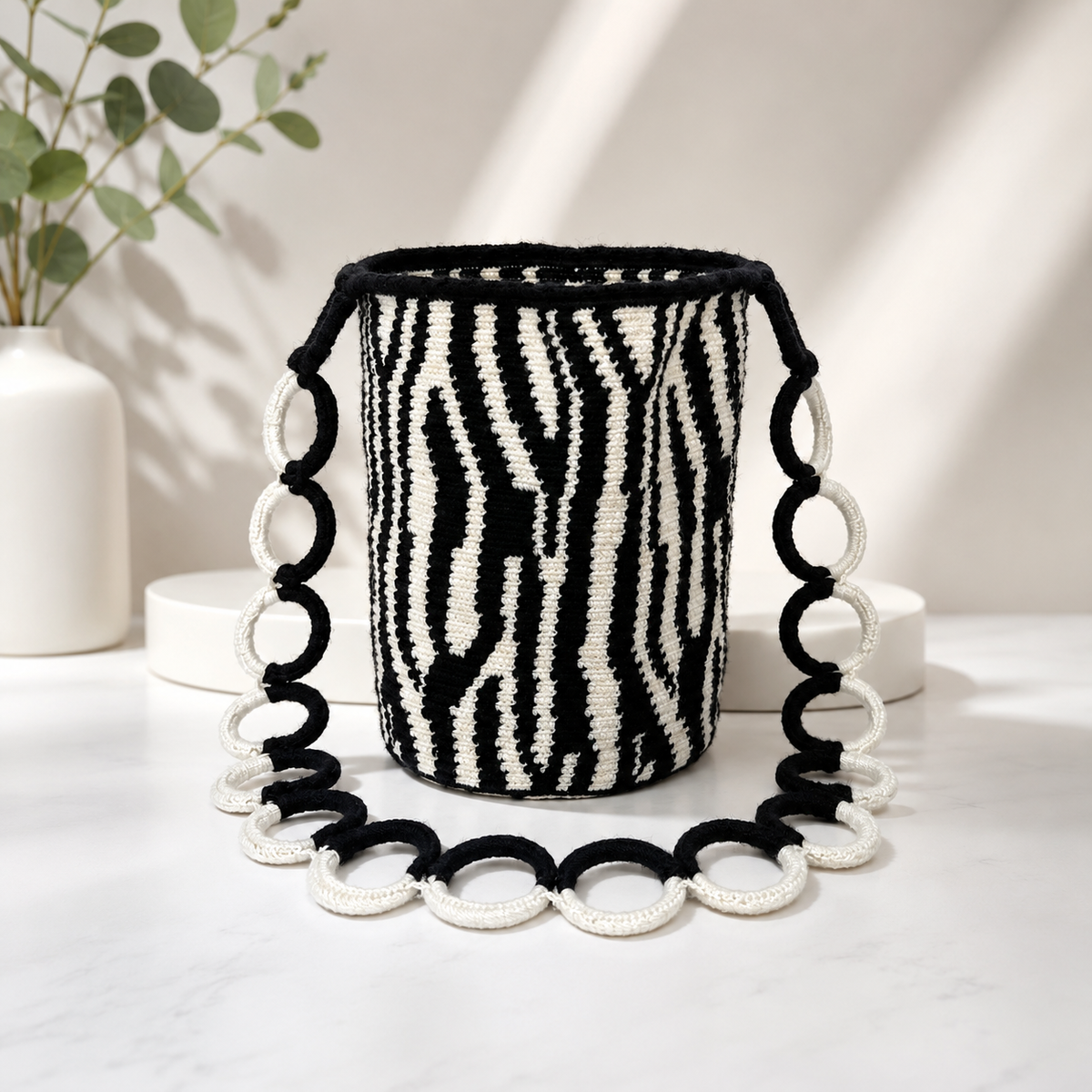 Animal Print Woven Bucket Bag – Medium 9” Shoulder Bag