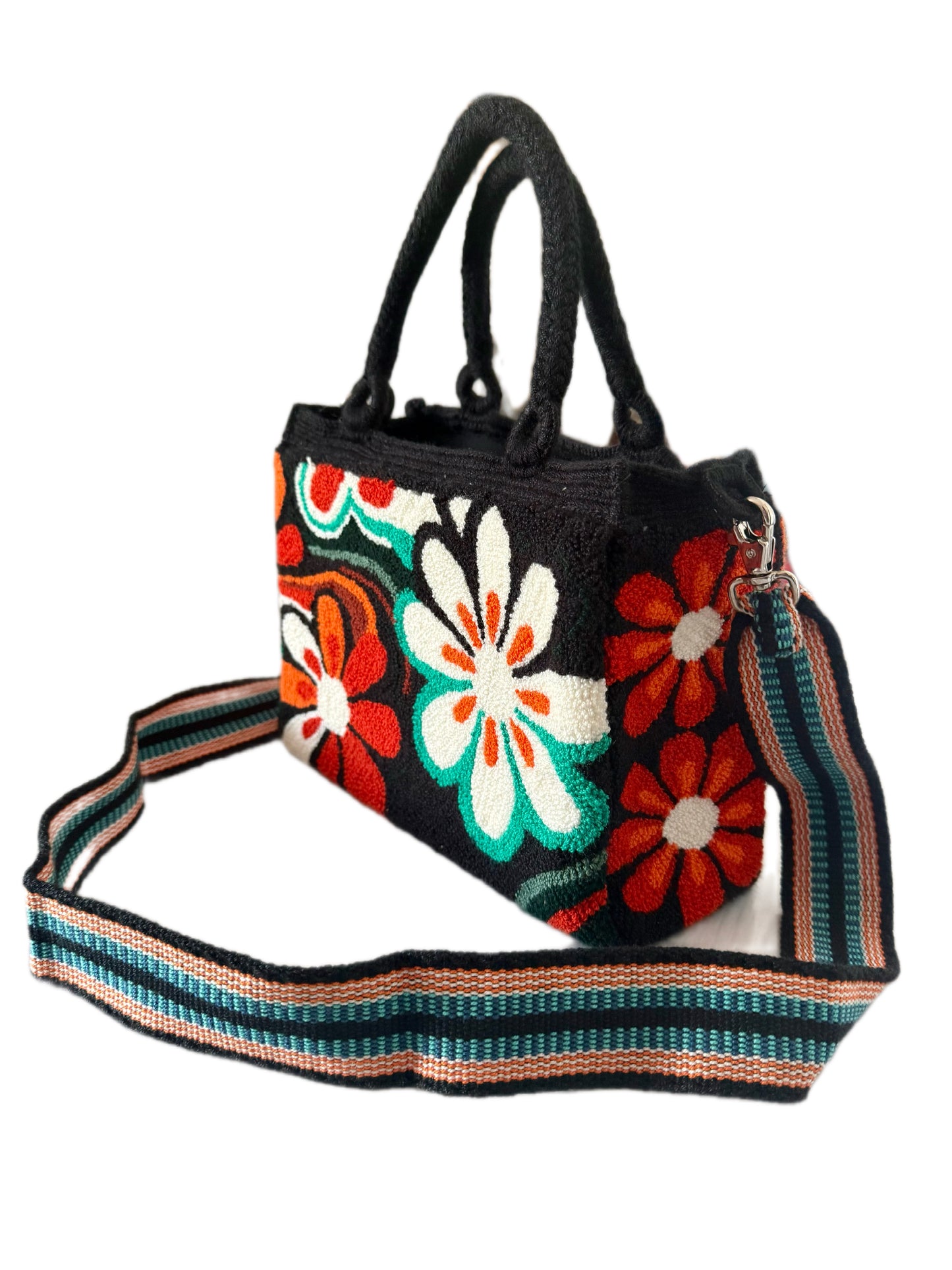 Flowers Tapestry Tote Bag with removable Strap | Handmade Luxury Crossbody Purse