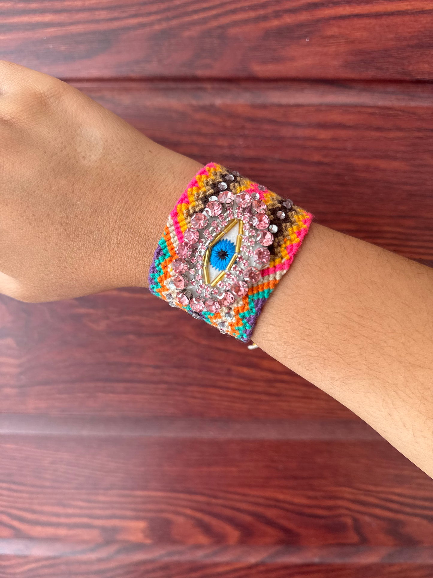 Handmade Crochet Evil Eye Bracelet – Colorful Boho Woven Jewelry