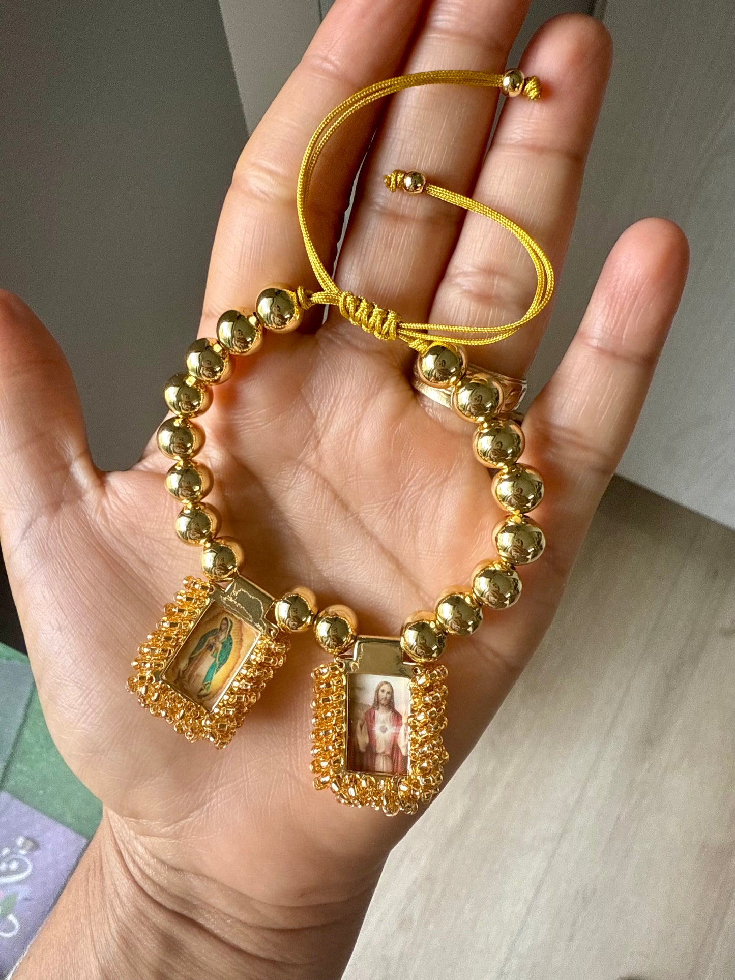 Adjustable Gold Virgin Guadalupe and Jesus Christ Bracelet protection Jewelry