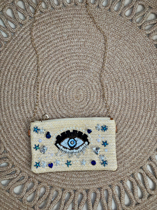 Handmade Straw Clutch with Evil Eye Beading and Gold Chain – Artisan Evening Bag