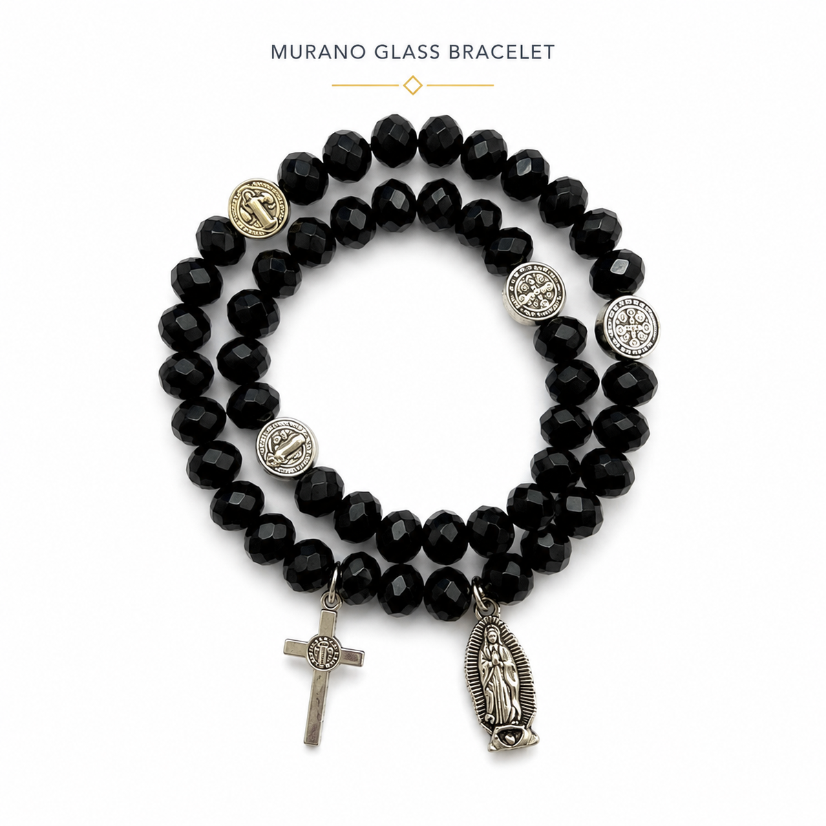 Murano Glass Catholic Bracelet – Lavender Crystal Beads, Cross , virgin of Guadalupe Medal