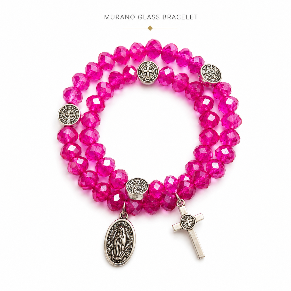 Murano Glass Catholic Bracelet – Lavender Crystal Beads, Cross , virgin of Guadalupe Medal