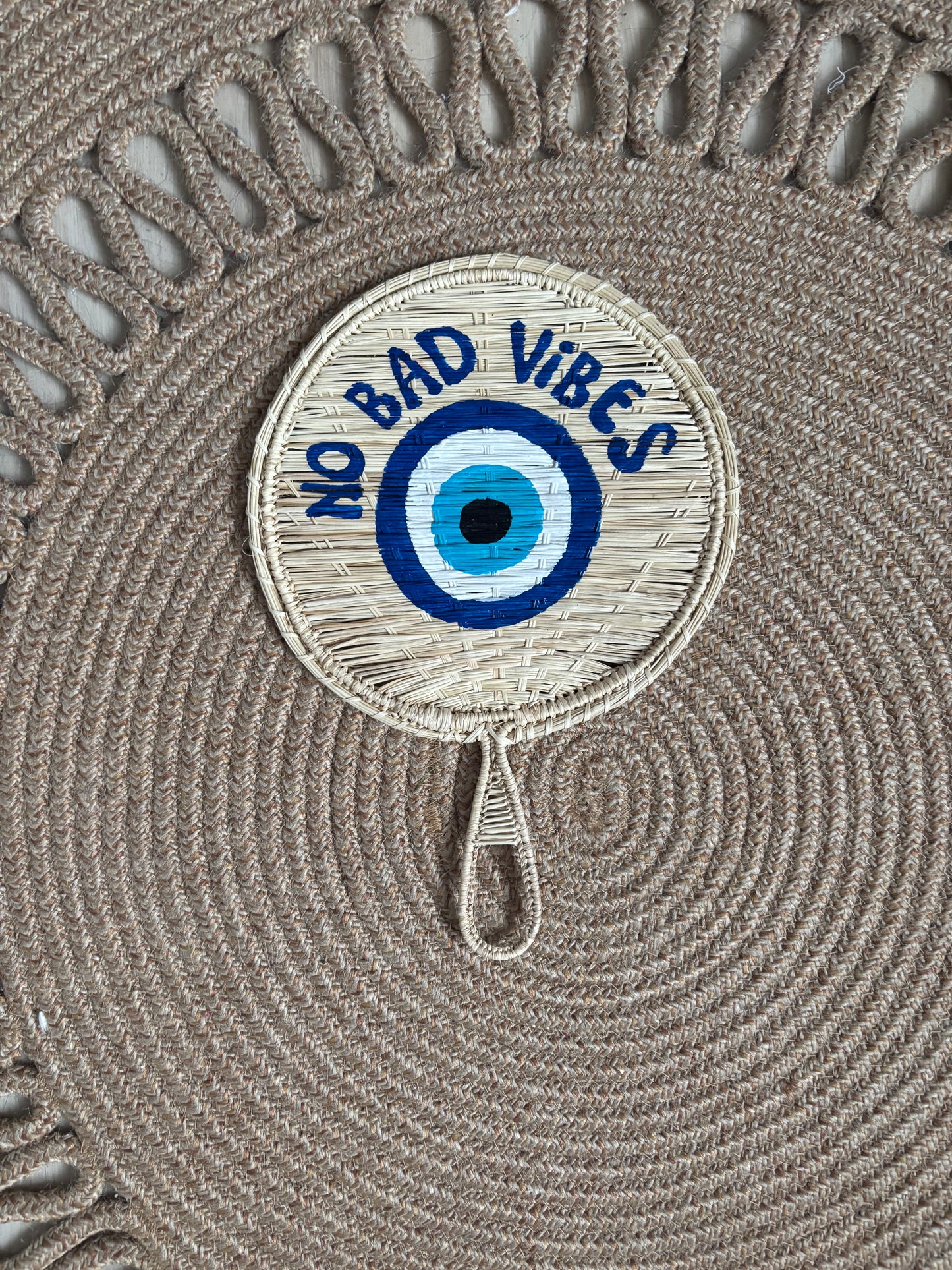 Hand-Painted Iraca Palm Fans with Beaded Wrist Strap – Unique Evil Eye & Heart Designs