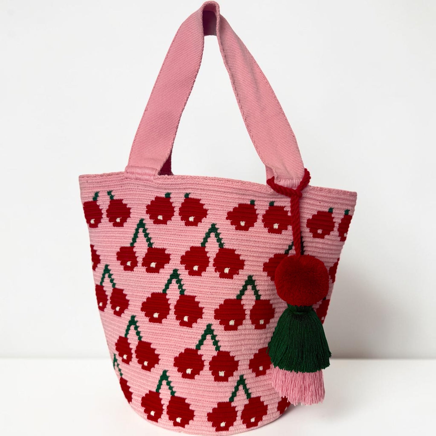 Wayuu XL Handwoven Cherry and strawberries Tote Bag Inner lining, sliding and ornament pompom