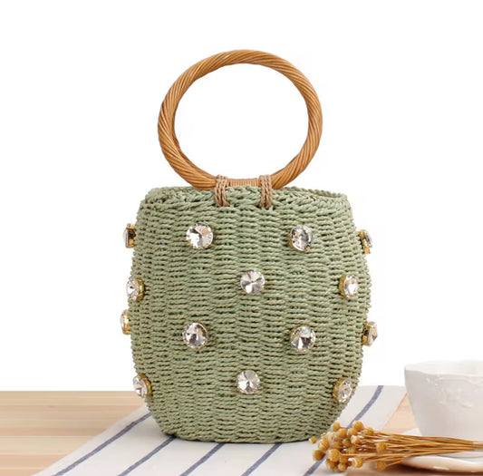 Handmade bucket bag with sparkling rhinestones – Elegant woven handbag