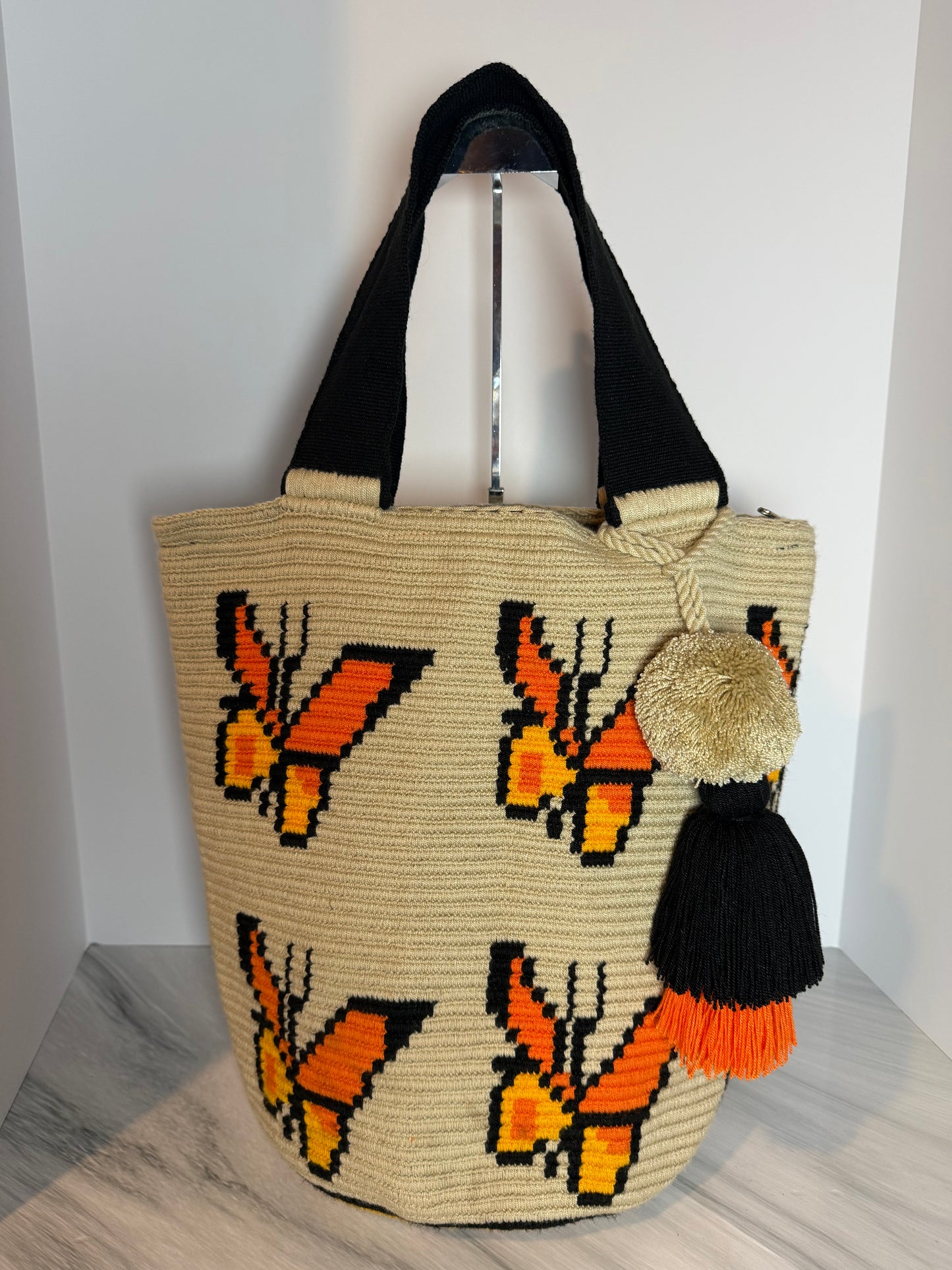 Wayuu XL Butterfly Handwoven Tote Bag Inner lining, sliding and ornament (pompom)