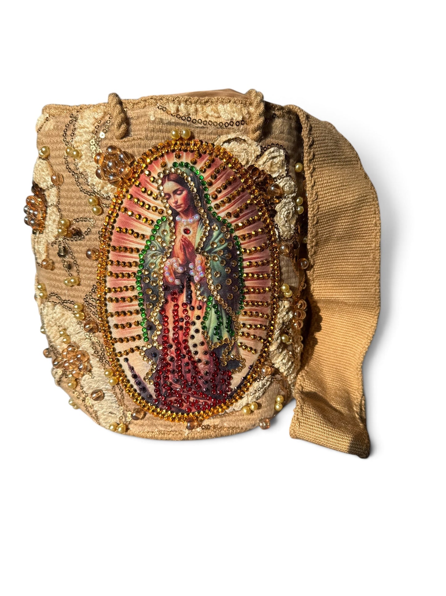 Medium Wayuu Bucket Bag Embroidered Virgin of Guadalupe | Handmade Crossbody with Tassels