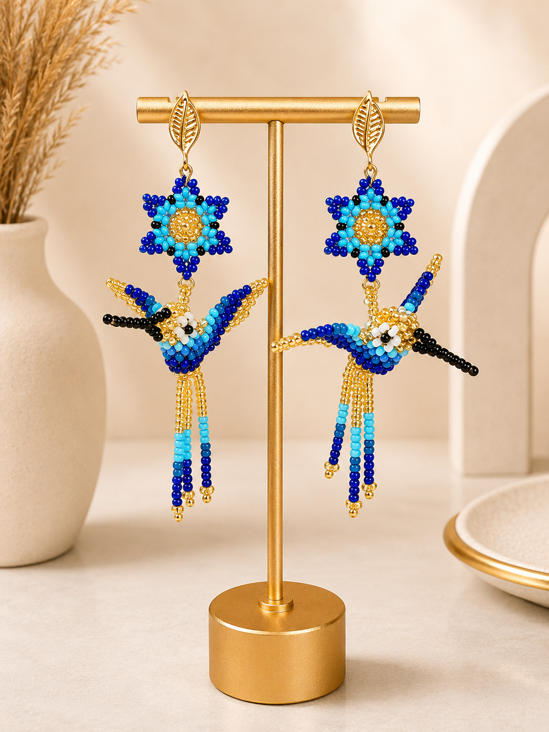 Handmade Hummingbird Beaded Earrings Colorful Artisan Statement Earrings for Women