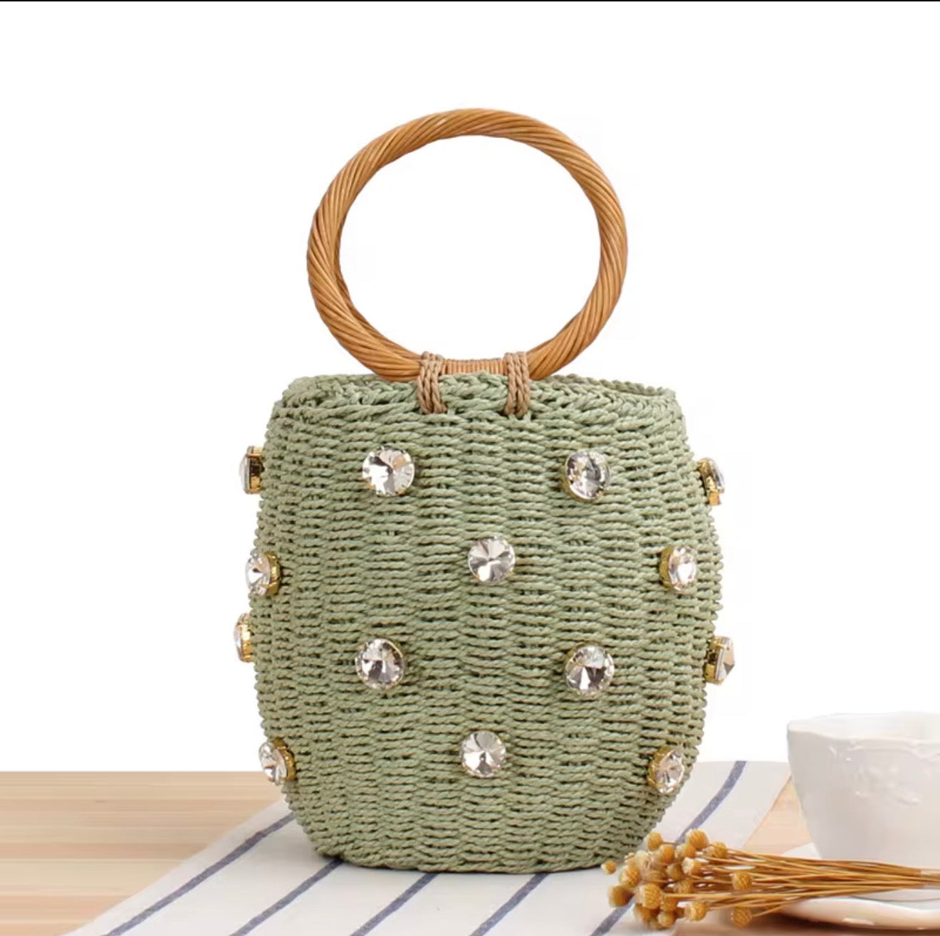 Handmade bucket bag with sparkling rhinestones + charm bag Elegant woven handbag