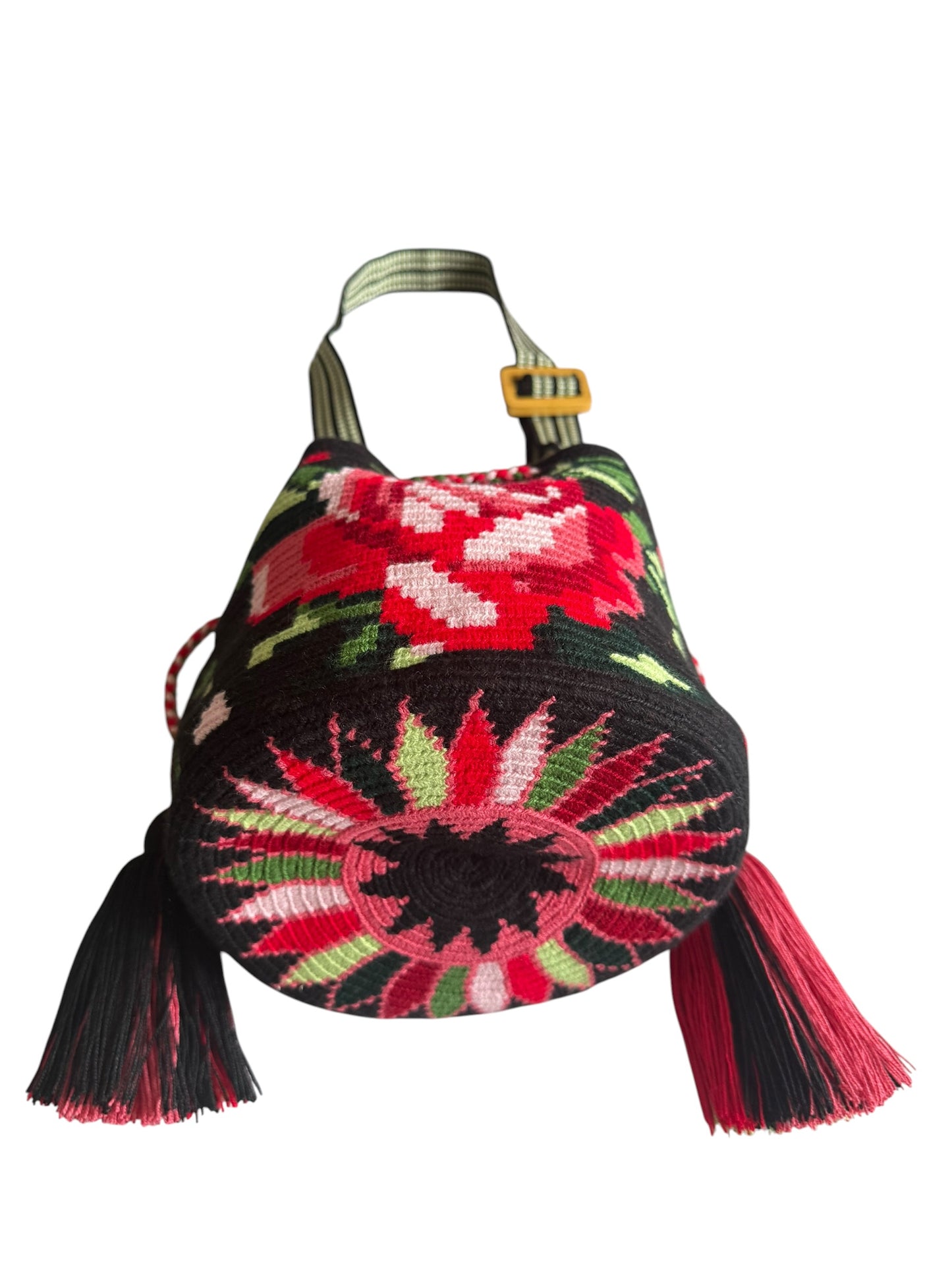 Luxury Handmade Floral Wayuu Bag with Adjustable Wooden Strap | Exclusive Artisan Design 9x9”