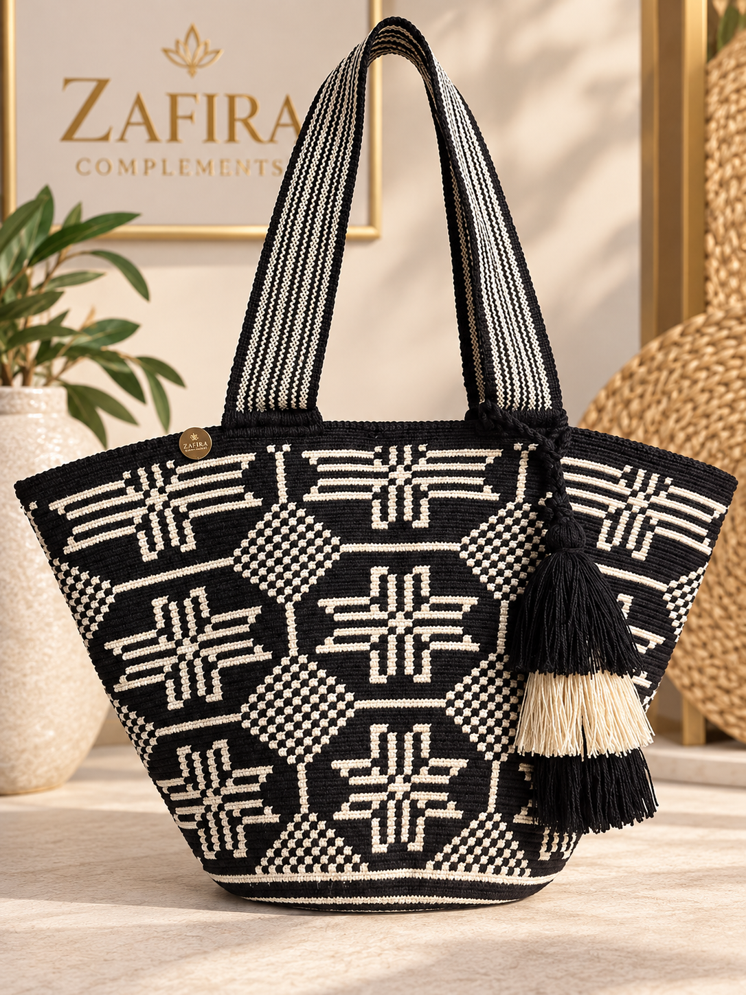 Wayuu XL Handwoven Tote Bag Inner lining, sliding and ornament (pompom)