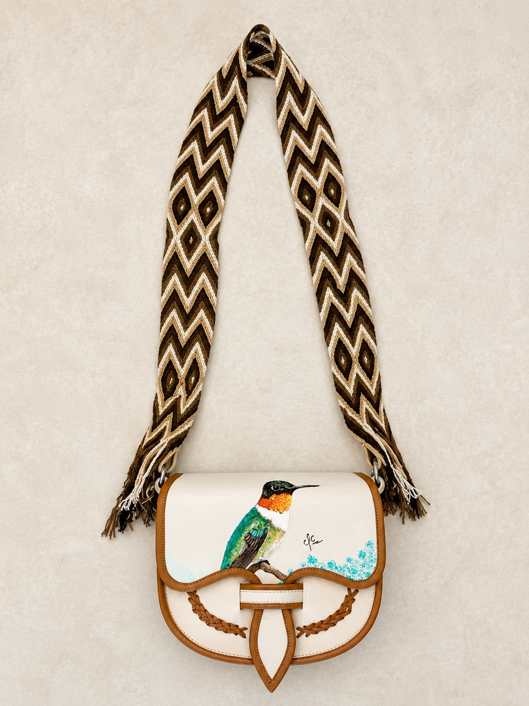 Hand Painted Genuine Leather Carriel Bag with Hummingbird | Adjustable Wayuu Crochet Strap