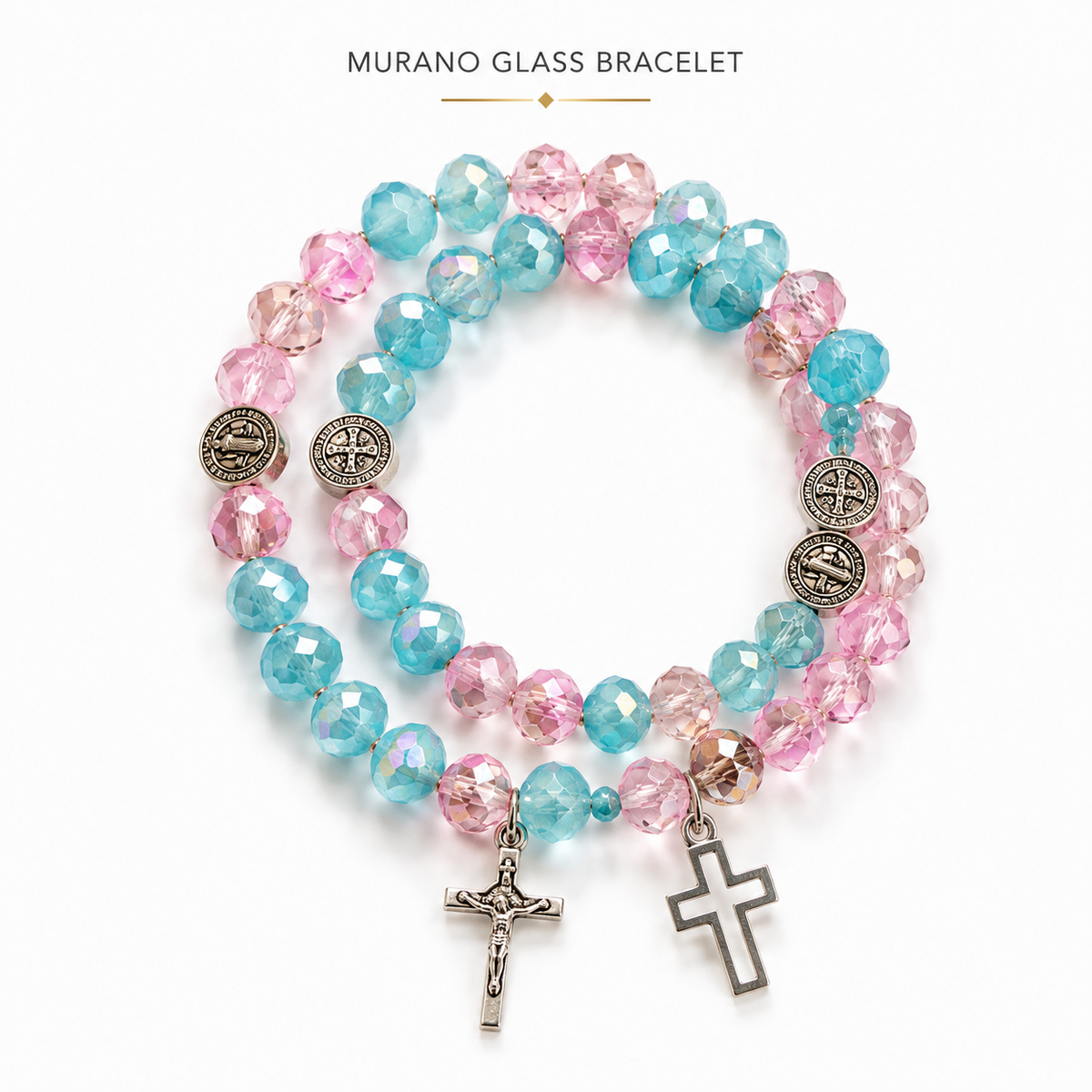Murano Glass Catholic Bracelet – Lavender Crystal Beads, Cross , virgin of Guadalupe Medal