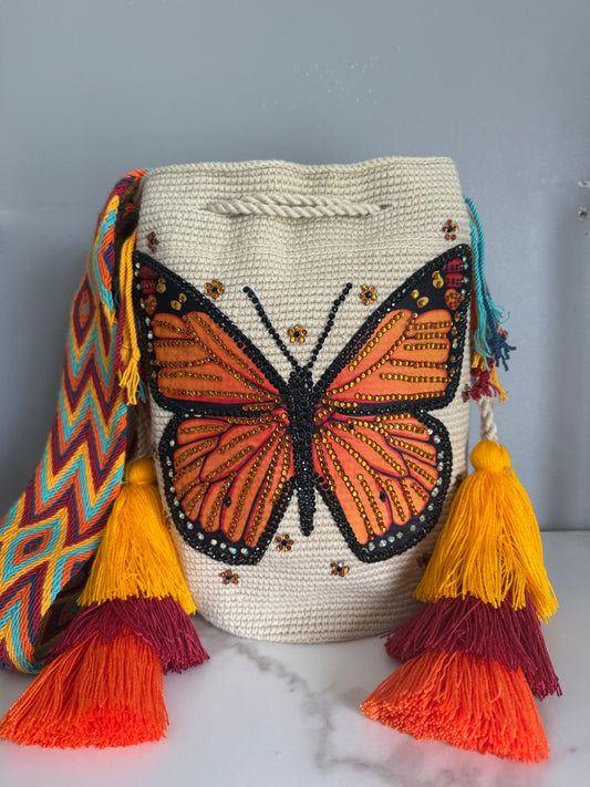 Wayuu Bag L Butterfly Monarca beige Decorated Unique Handmade Artisan Bag