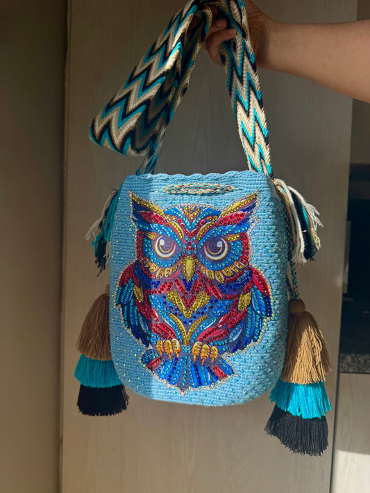 Wayuu Bag L Owl Decorated Blue Unique Handmade Artisan Bag