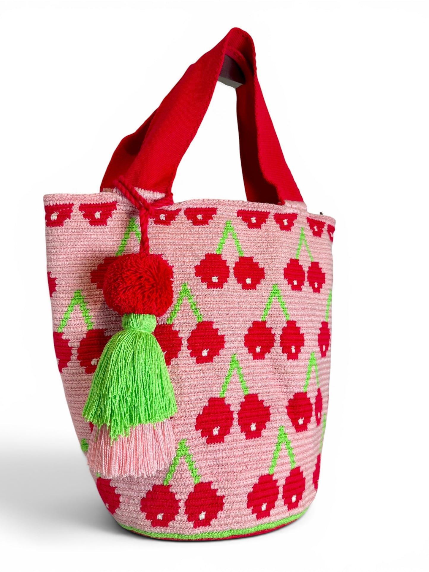 Wayuu XL Handwoven Cherry Tote Bag Inner lining, sliding and ornament (pompom