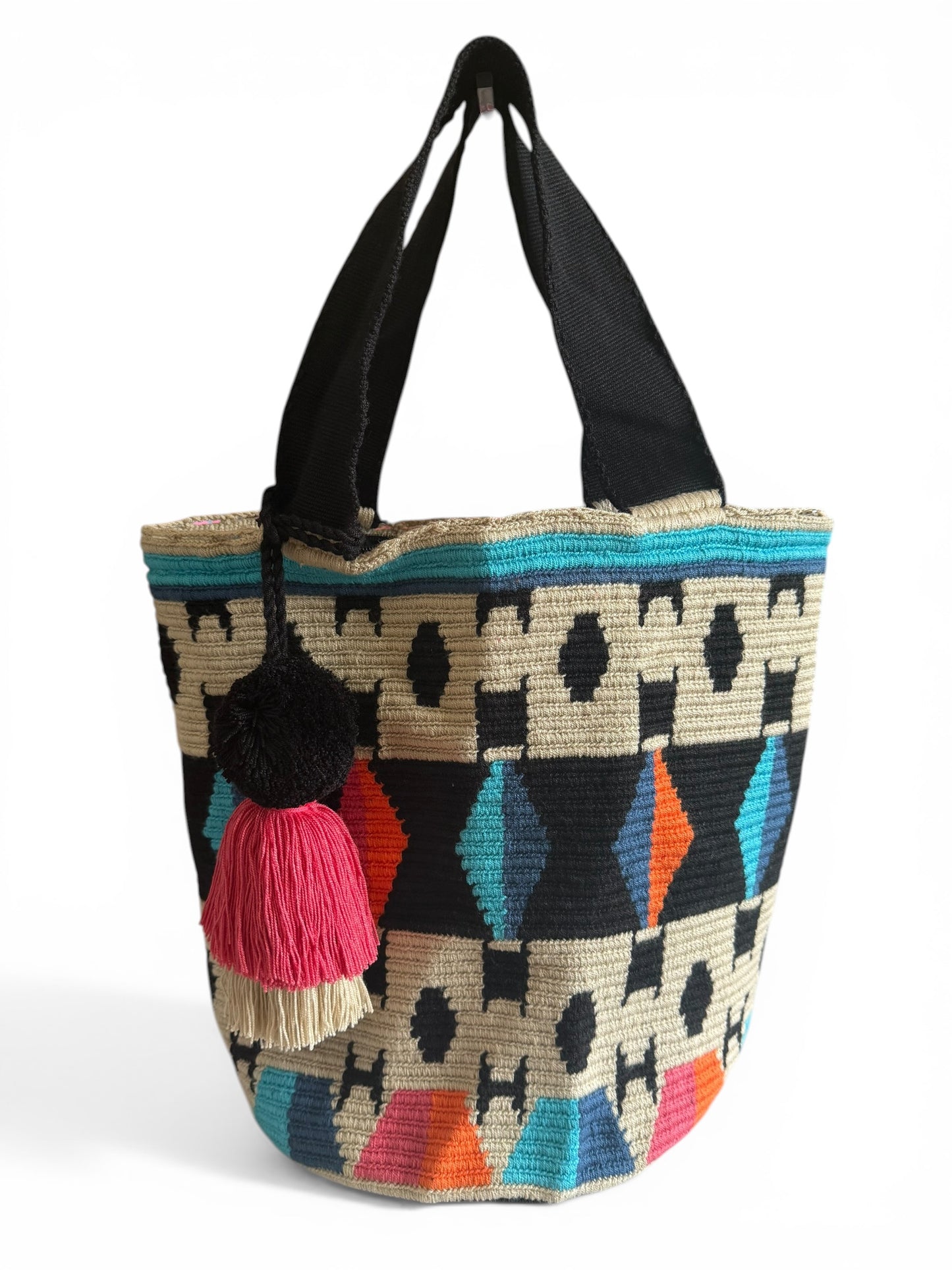 Wayuu XL Handwoven Tote Bag Inner lining, sliding and ornament (pompom)