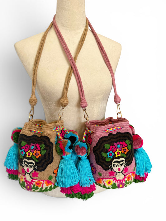 Mini Frida Kahlo Wayuu Bucket Bag with Removable Strap, Inner Lining & Pocket | Handmade Luxury Bag 7”