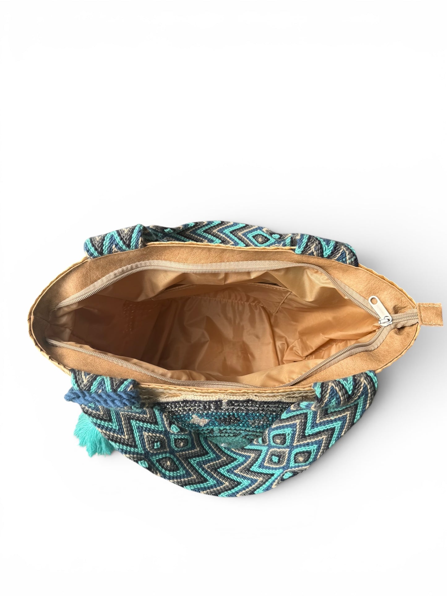 Wayuu XL Handwoven Cherry Tote Bag Inner lining, sliding and ornament (pompom