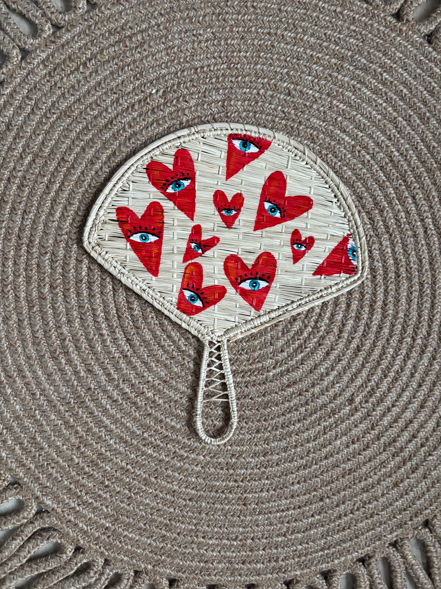 Hand-Painted Iraca Palm Fans with Beaded Wrist Strap – Unique Evil Eye & Heart Designs
