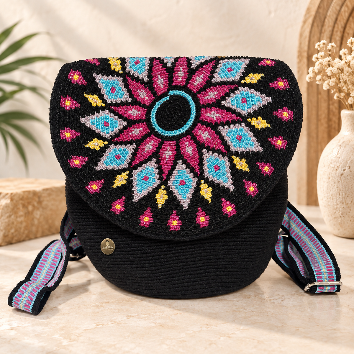Luxury Backpack with Crystal Stones | Handmade Crochet Flap Adjustable Backpack