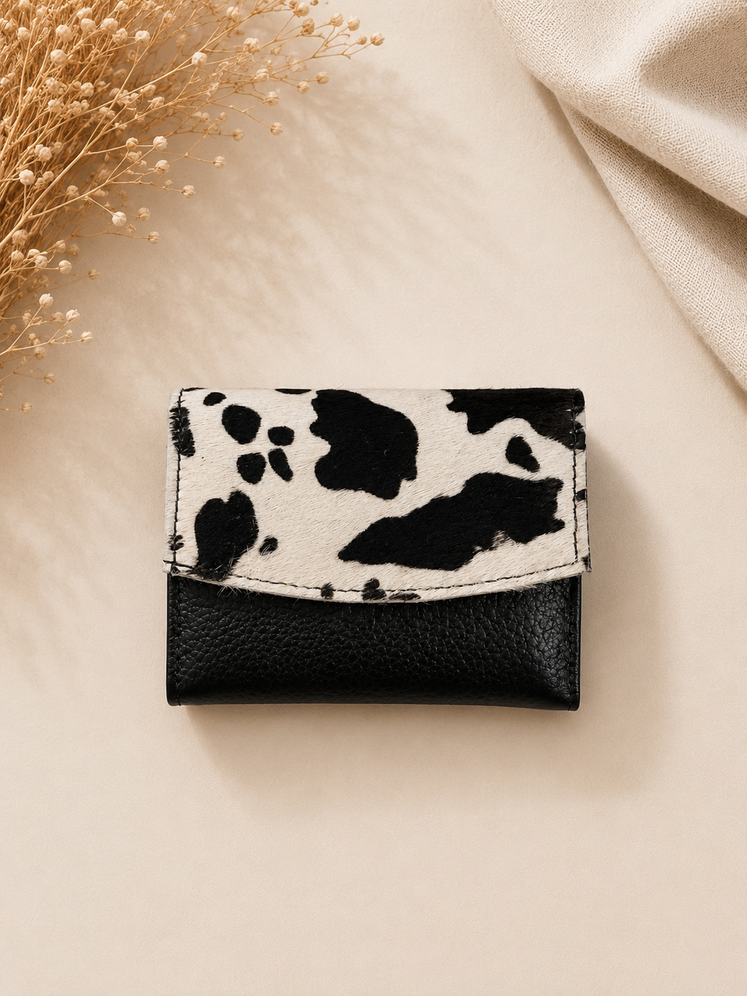 Genuine Cowhide Leather Card Holder Wallet with Zipper Hair-On Multiple Card Slots 7inx4in