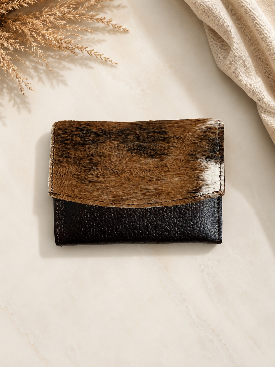 Genuine Cowhide Leather Card Holder Wallet with Zipper Hair-On Multiple Card Slots 7inx4in