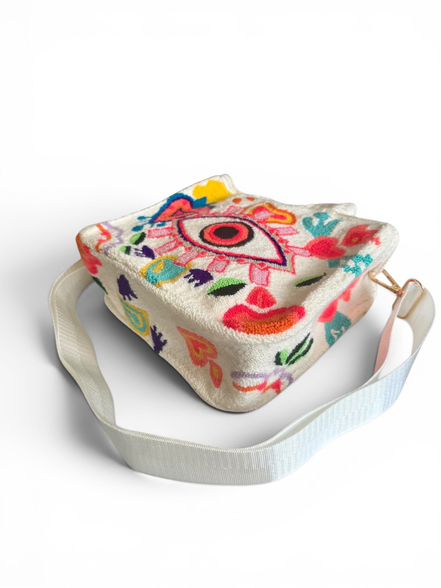 Mini Embroidered Basket Bag Convertible Crossbody Bag with Adjustable Strap Handmade Colorful Eye Design