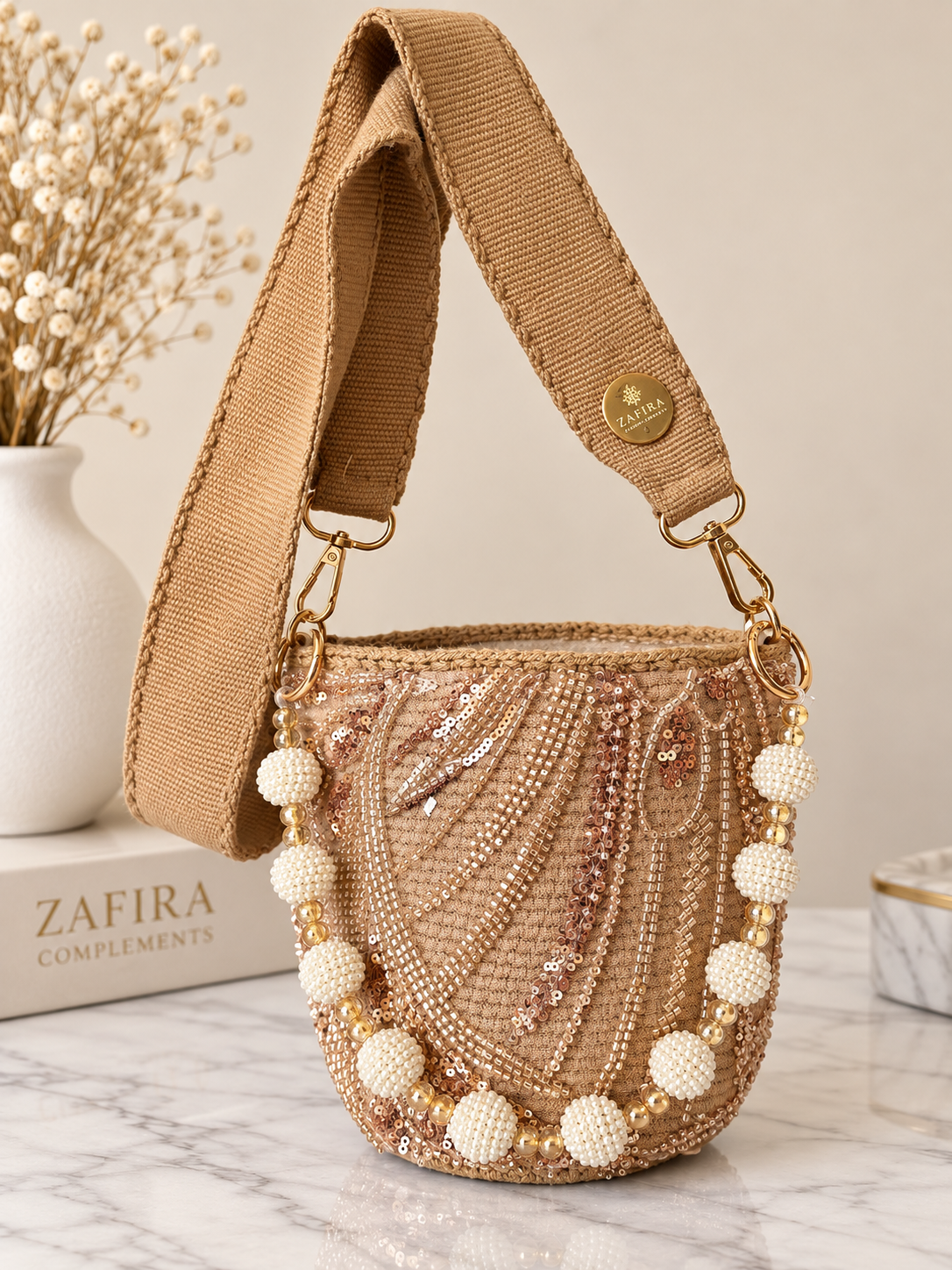 Luxury Handmade Beaded Mini Bucket Bag double use Sequin Crossbody Purse with Beaded Handle