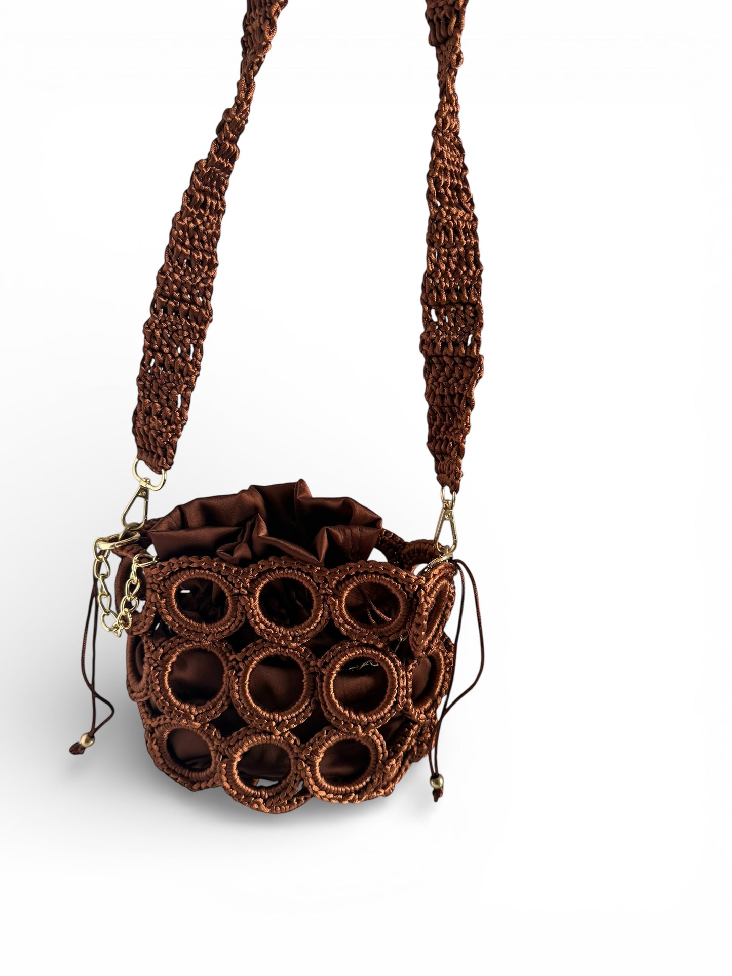 Luxury Woven Ring Bucket Bag – Double Strap Convertible Crossbody with Silk Inner Pouch