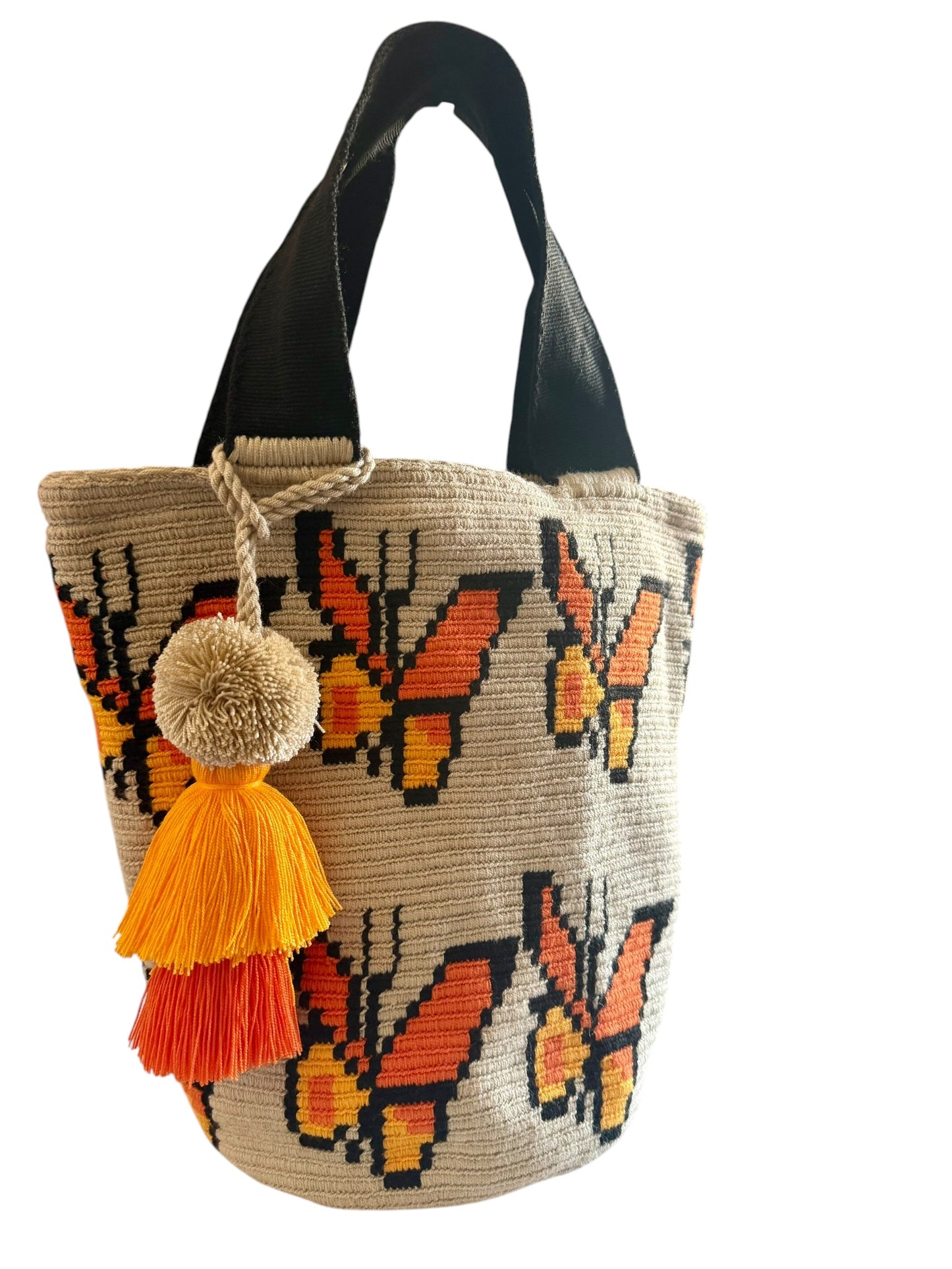 Wayuu XL Butterfly Handwoven Tote Bag Inner lining, sliding and ornament (pompom)