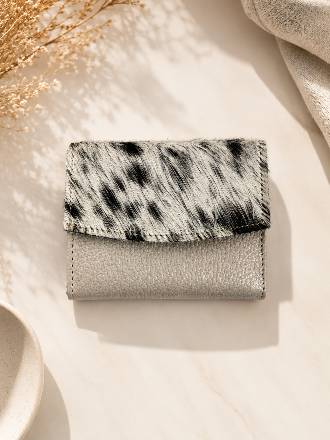 Genuine Cowhide Leather Card Holder Wallet with Zipper Hair-On Multiple Card Slots 7inx4in