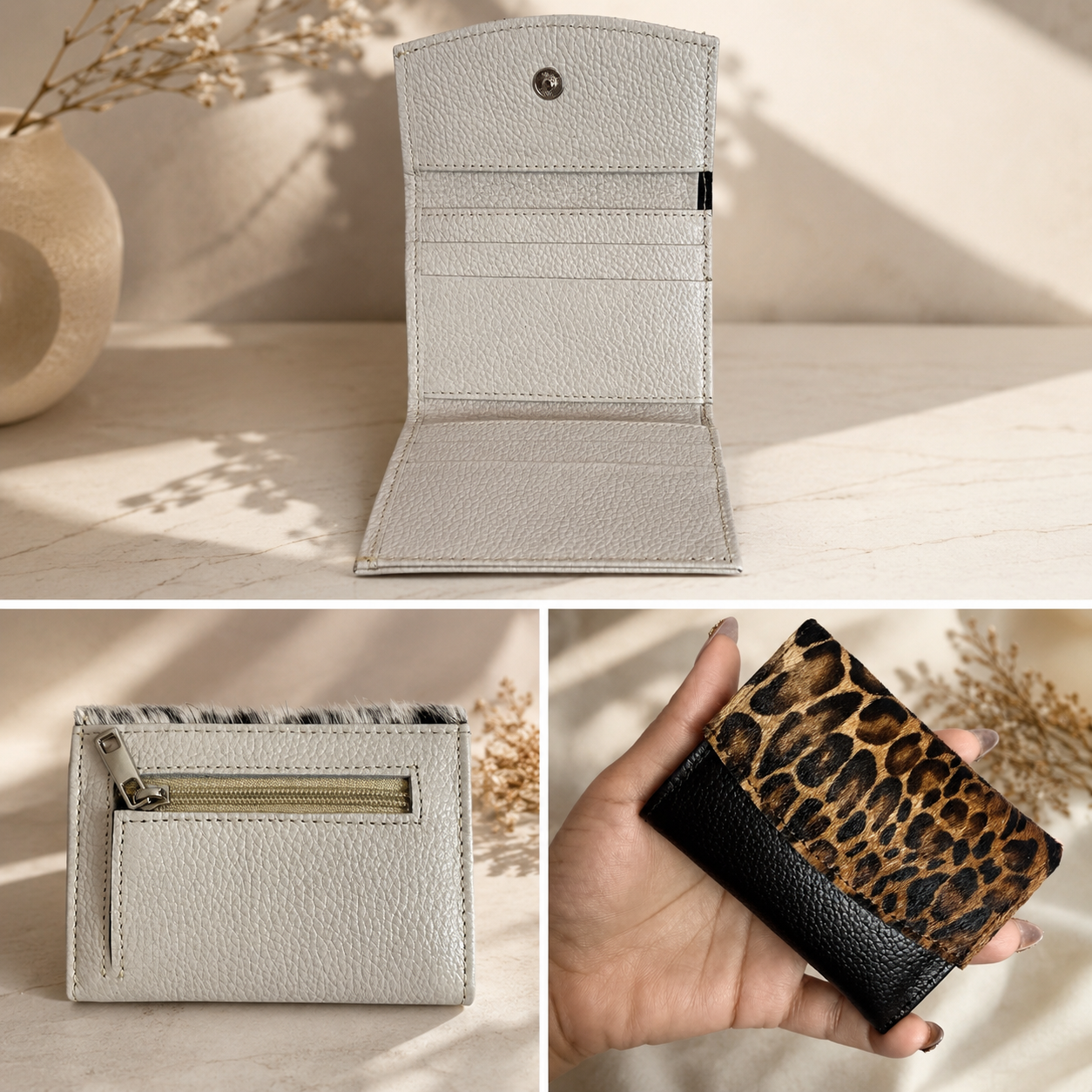 Genuine Cowhide Leather Card Holder Wallet with Zipper Hair-On Multiple Card Slots 7inx4in