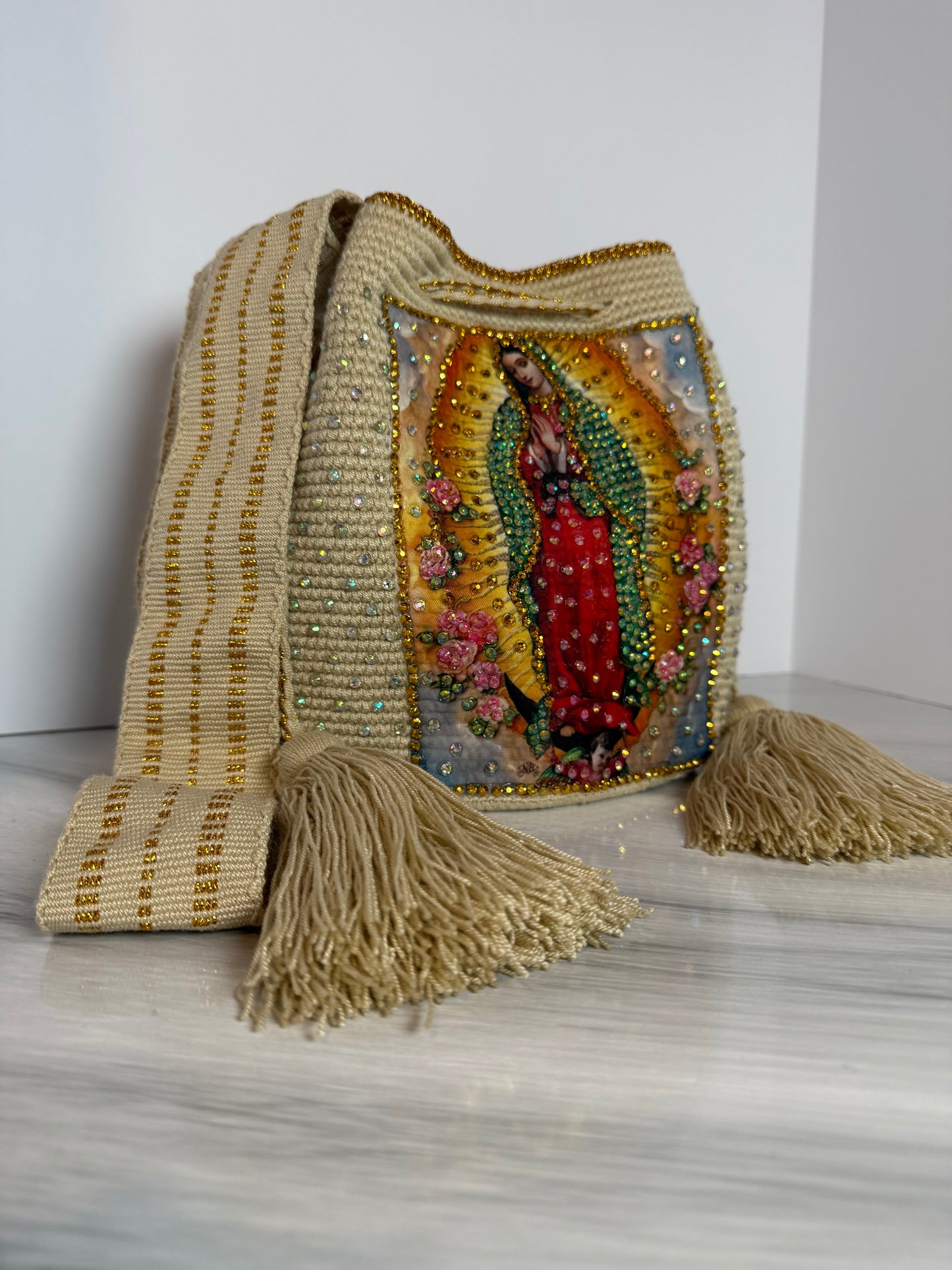 Crossbody Bucket Bag Wayuu Virgin of Guadalupe Decorated cream Details Handmade