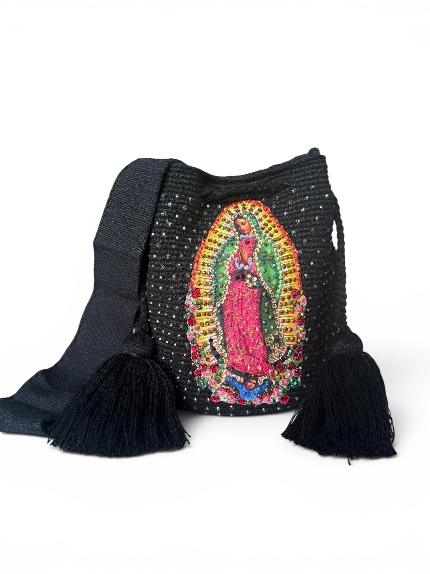 Crossbody Bucket Bag Wayuu Virgin of Guadalupe Decorated cream Details Handmade medium