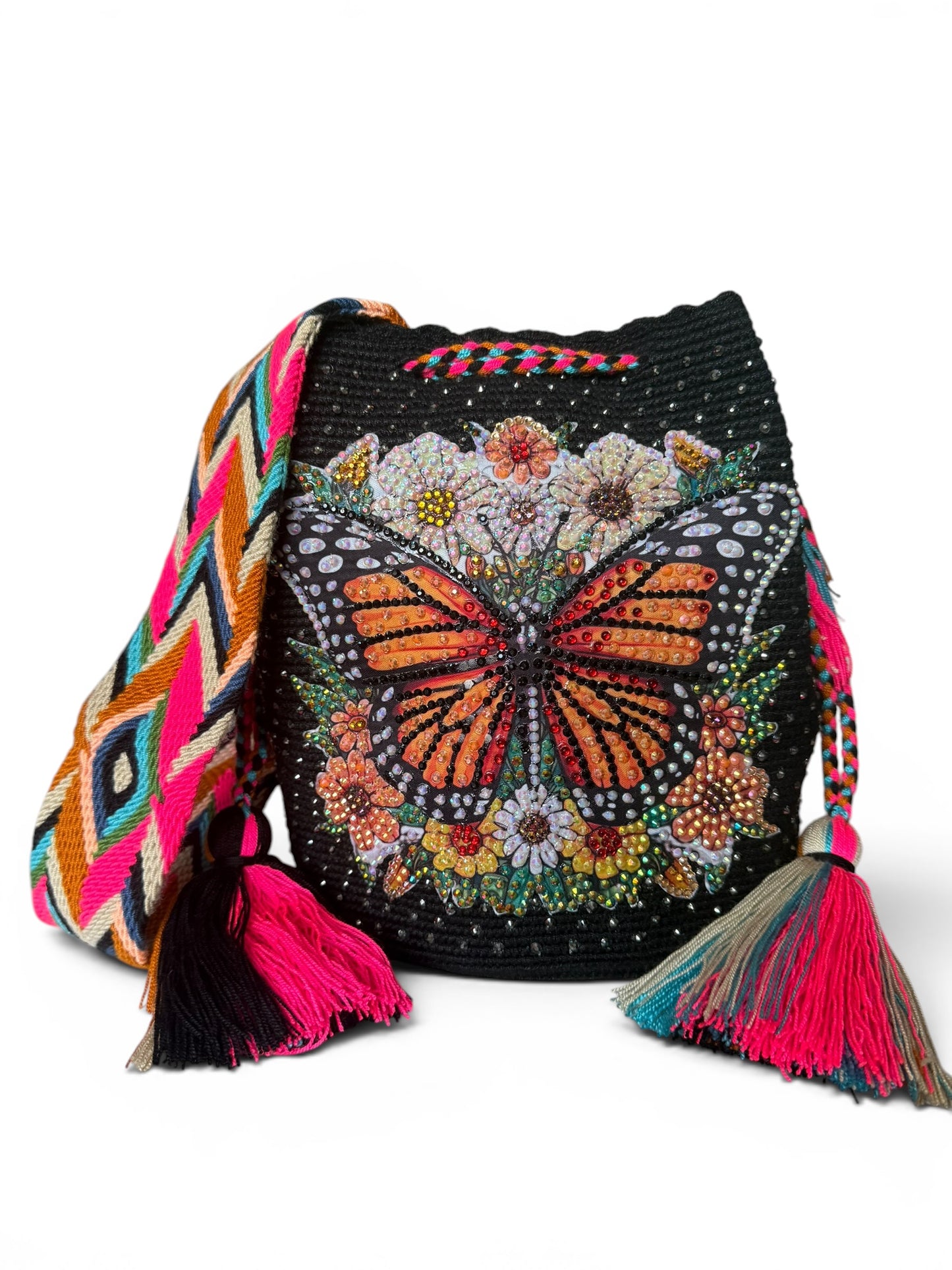 Wayuu Bag L butterfly monarch Decorated Unique Handmade Artisan Bag