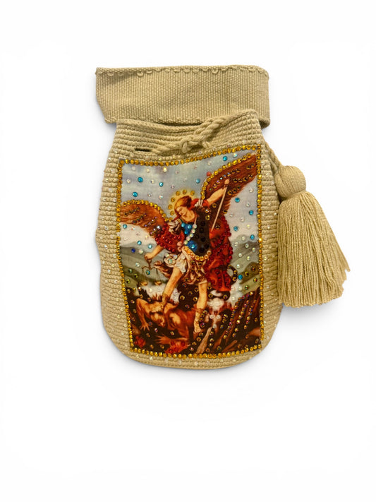 St Michael Archangel Medium Crystal Bag Beige | Handmade Luxury Crossbody Bag 9”