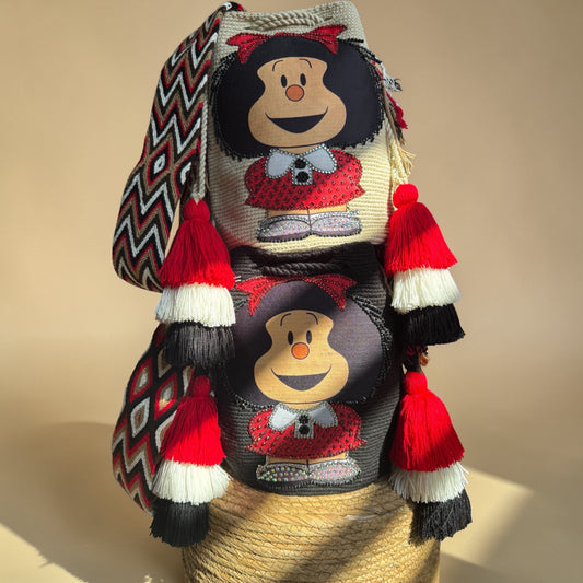 Handmade Wayuu Crochet Bag with Red Doll Design – Premium Artisan Boho Backpack with Tassels