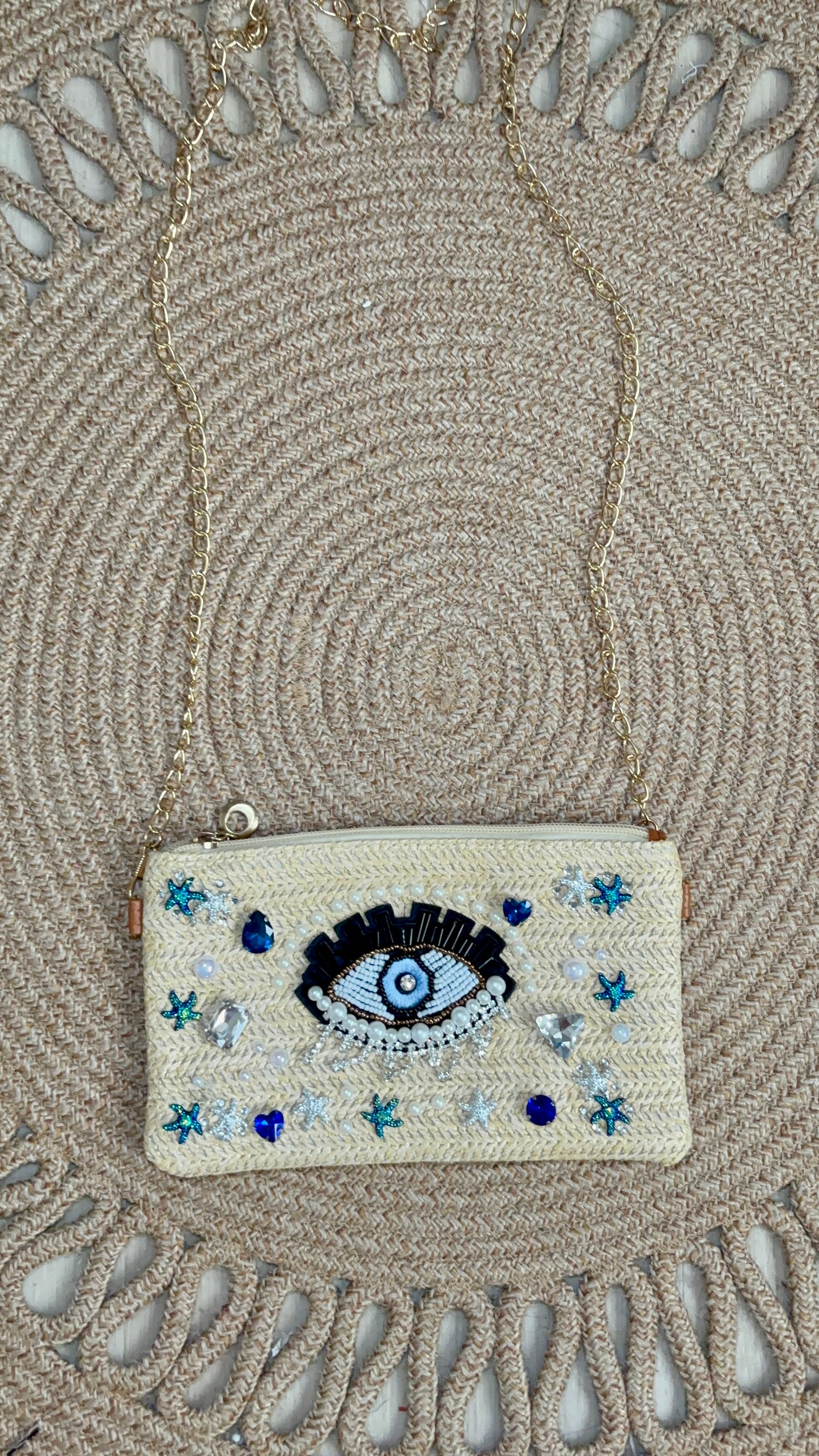 Handmade Straw Clutch with Evil Eye Beading and Gold Chain – Artisan Evening Bag