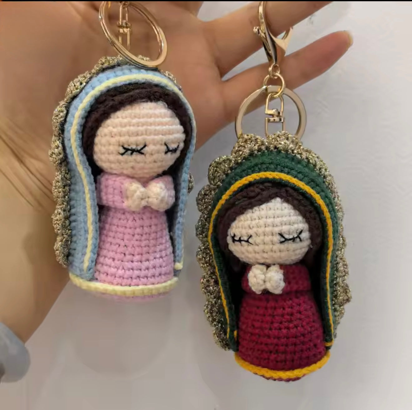Crochet Virgin of Guadalupe keychain charm – Handmade spiritual accessory