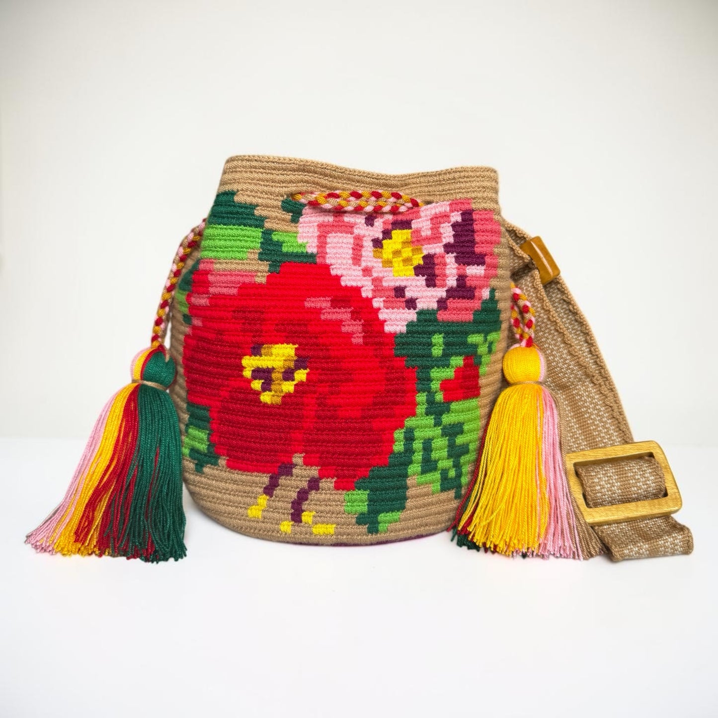 Luxury Handmade Floral Wayuu Bag with Adjustable Wooden Strap | Exclusive Artisan Design 9x9”